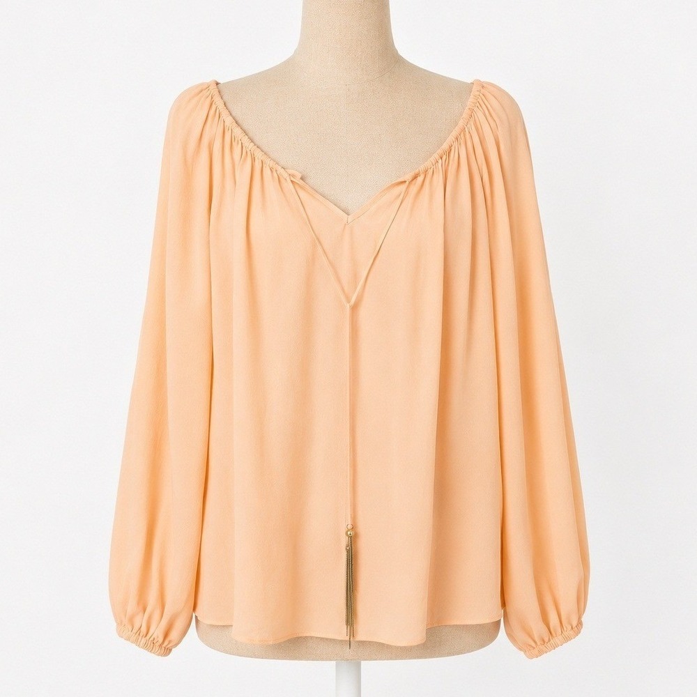 100% Silk Long Sleeve Tassel Peasant Top Sz S‎ Peach Boho Prairie Indie Festival